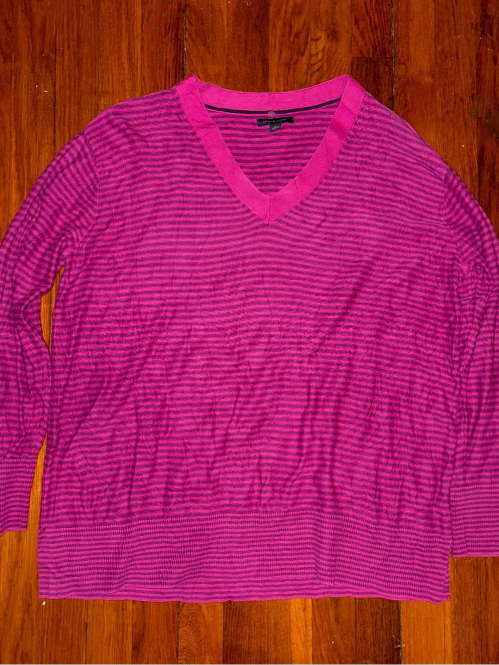 Tommy Hilfiger Fuchsia and Dark Pink Striped V-Neck Sweater